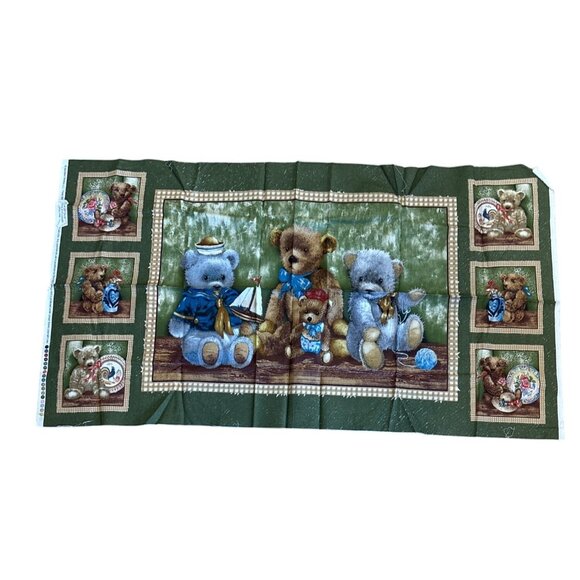 Teddy Bear Patchwork Fabric Panel Giordano Studios LLC Cotton Green Brown 23x42 - Picture 1 of 8